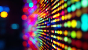 A photograph of a close-up shot of a vibrant led display in a dimly lit environment