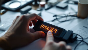 A photograph of a close-up shot of a person examining an led display with a visible rma number