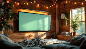 A photograph of a cozy 12x12 cabin interior featuring an led display mounted on the wall