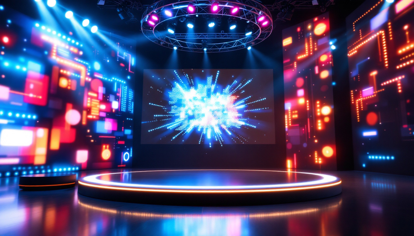 A photograph of a dynamic virtual production stage featuring a vibrant led display in action