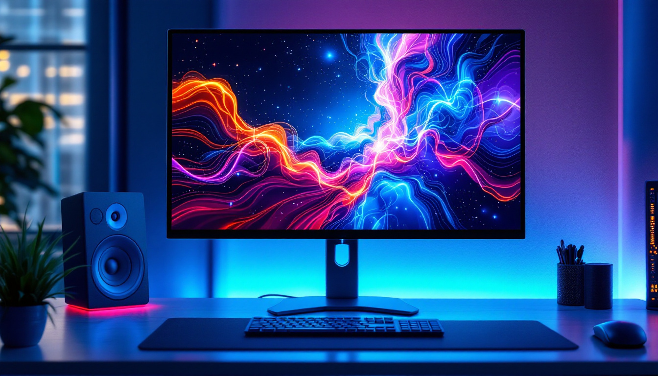 A photograph of a sleek 42-inch led desktop monitor displaying vibrant graphics in a modern workspace
