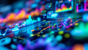 A photograph of a close-up of a vibrant led touch screen displaying colorful graphics