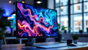 A photograph of a sleek led lcd computer monitor displaying vibrant graphics