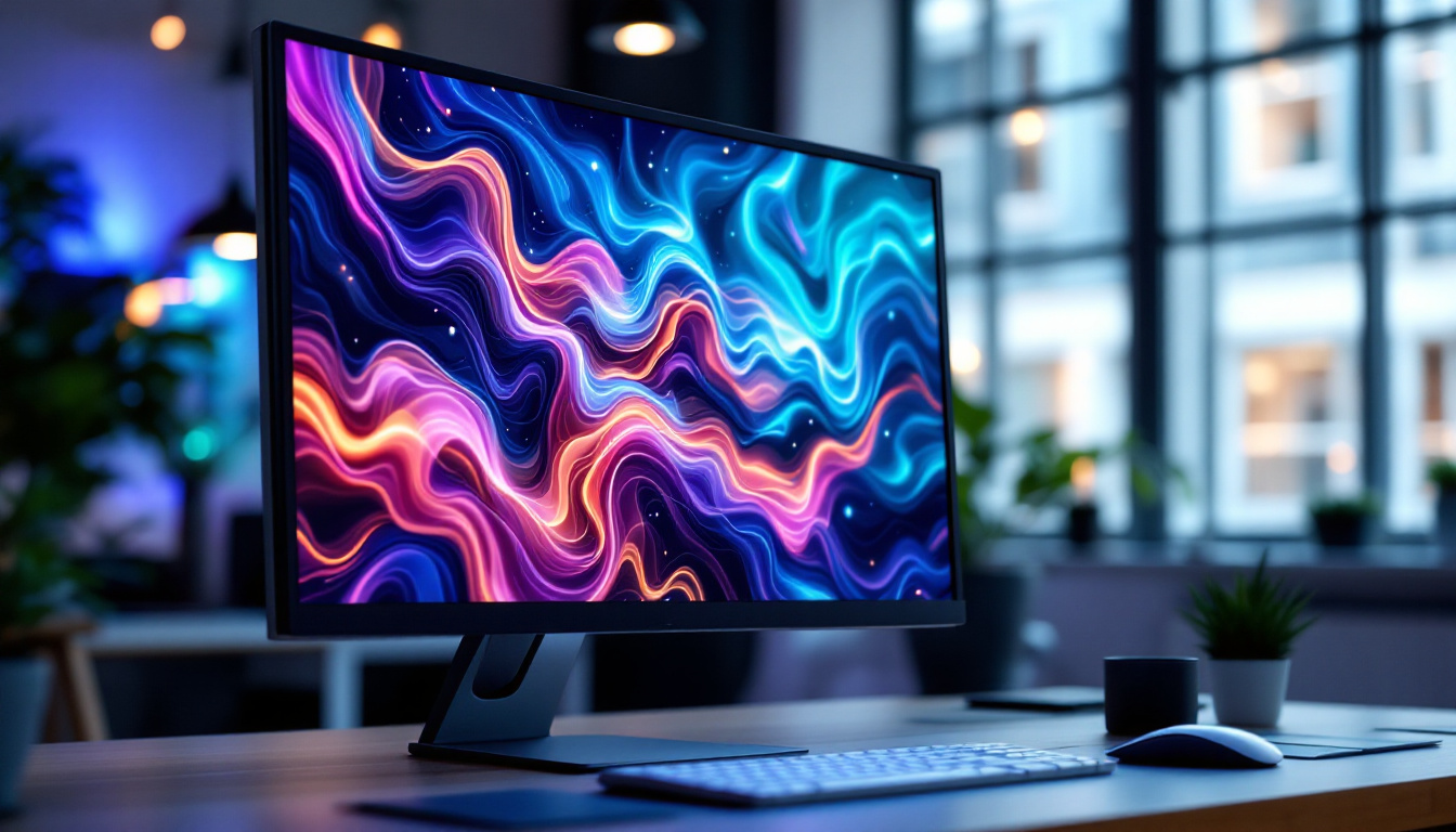 A photograph of a sleek led lcd computer monitor displaying vibrant graphics
