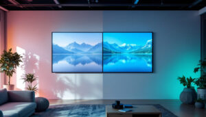 A photograph of a side-by-side comparison of a projector screen and a white wall displaying the same image