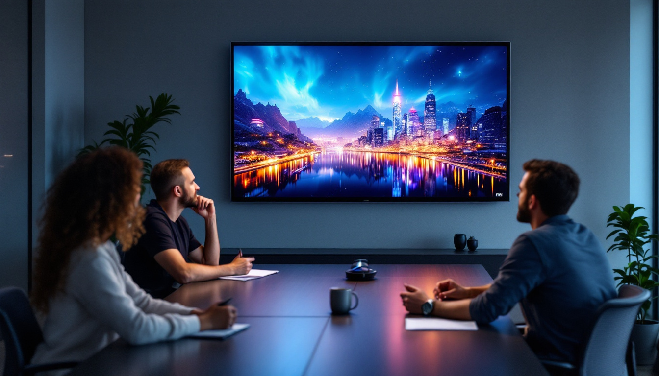 A photograph of a modern meeting room setup featuring an led display prominently installed