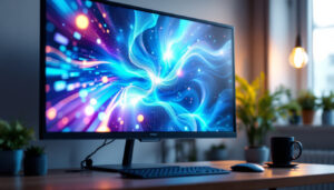A photograph of a large led computer monitor displaying vibrant