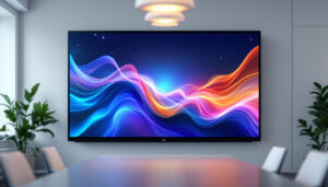 A photograph of a sleek 65-inch touch screen smart board in a modern classroom or conference room setting