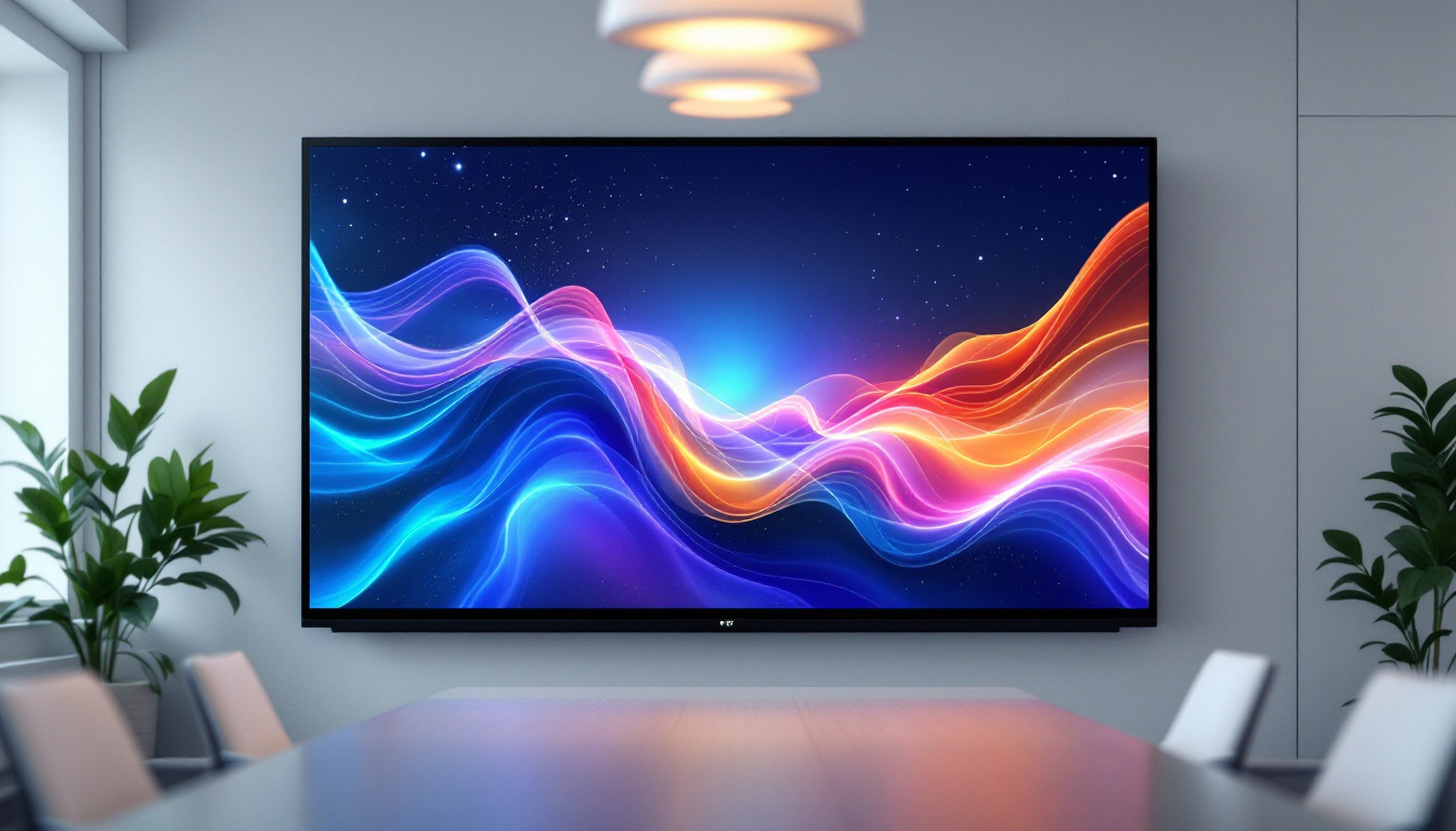 A photograph of a sleek 65-inch touch screen smart board in a modern classroom or conference room setting