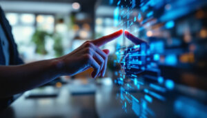 A photograph of a close-up of a person interacting with a touch screen led display