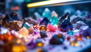 A photograph of a beautifully arranged rock display case illuminated by vibrant led lights