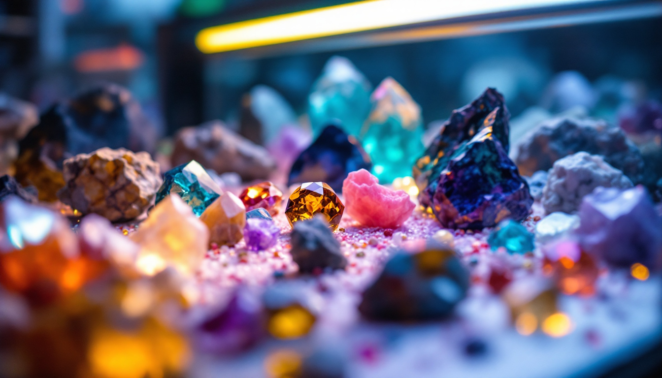 A photograph of a beautifully arranged rock display case illuminated by vibrant led lights