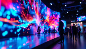 A photograph of a vibrant led display in a dynamic setting