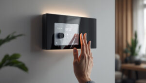 A photograph of a sleek wall-mounted safe box with an illuminated led display