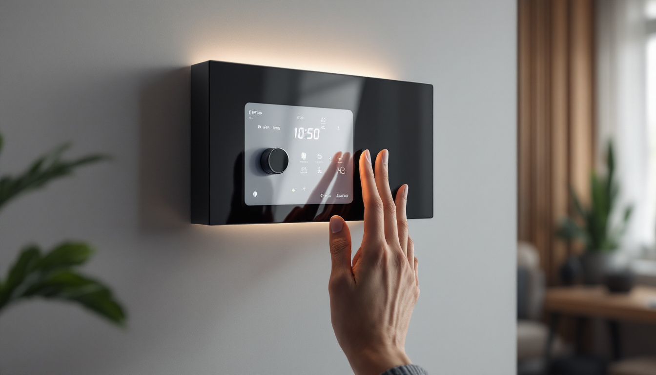 A photograph of a sleek wall-mounted safe box with an illuminated led display
