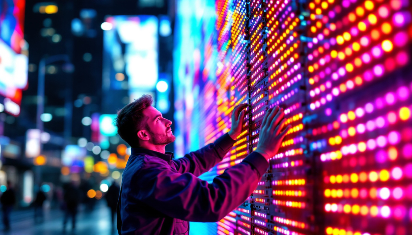 A photograph of a skilled technician installing a vibrant led display in an urban setting