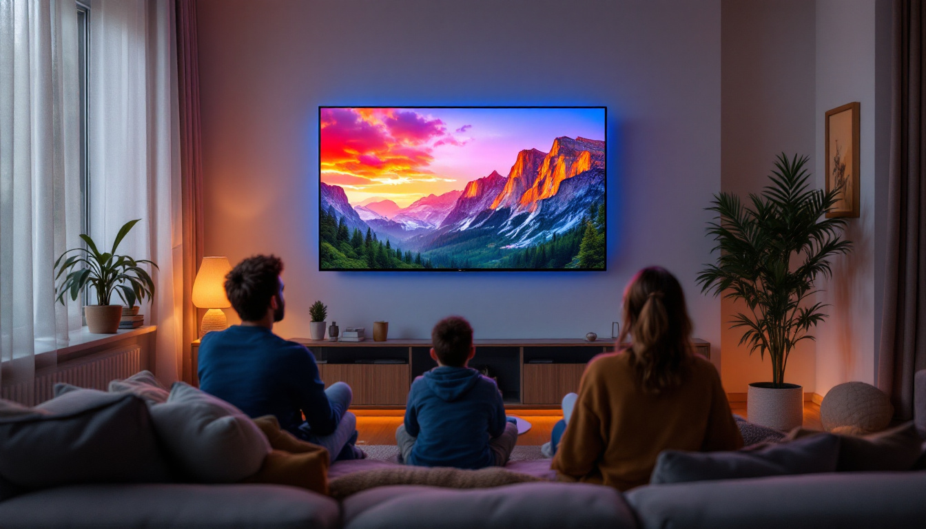 A photograph of a cozy living room setup featuring a 65-inch led tv