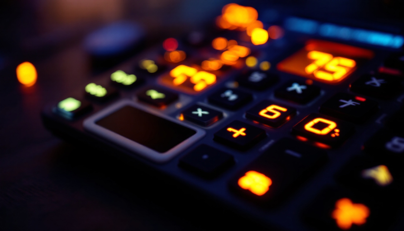 A photograph of a close-up of an lcd calculator with its led display illuminated