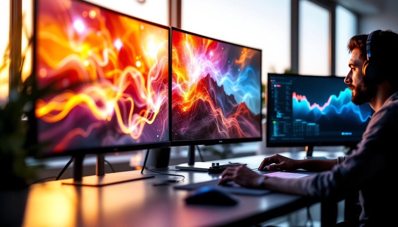 A photograph of a sleek workspace featuring multiple led displays in use