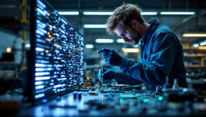 A photograph of a skilled technician assembling an led display board in a well-lit workshop