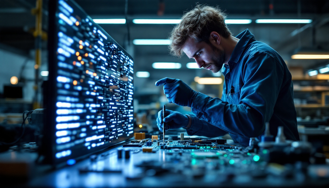 A photograph of a skilled technician assembling an led display board in a well-lit workshop