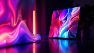 A photograph of capture a photograph of a vibrant oled light panel in a dimly lit environment