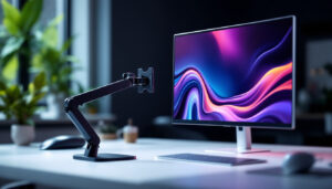 A photograph of a sleek monitor clamp stand holding an led display