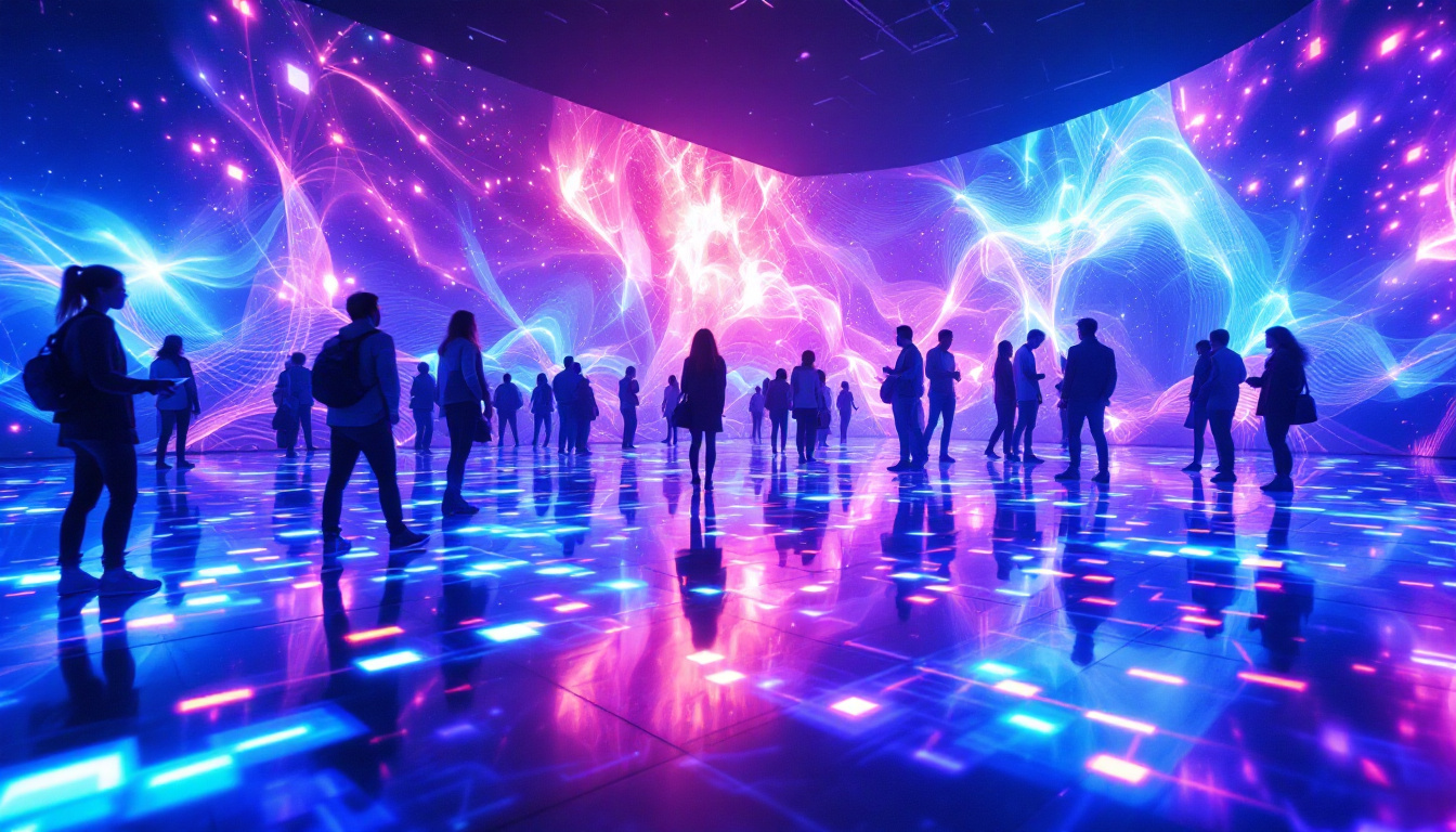 A photograph of an interactive projector floor in action