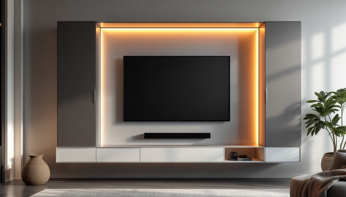 A photograph of a stylish wall-mounted tv cabinet with doors