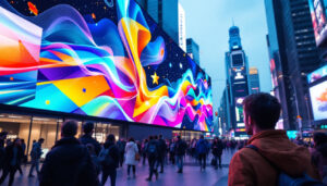 A photograph of a vibrant led display in a bustling urban environment
