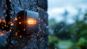 A photograph of a weatherproof switch cover with an led display in an outdoor setting