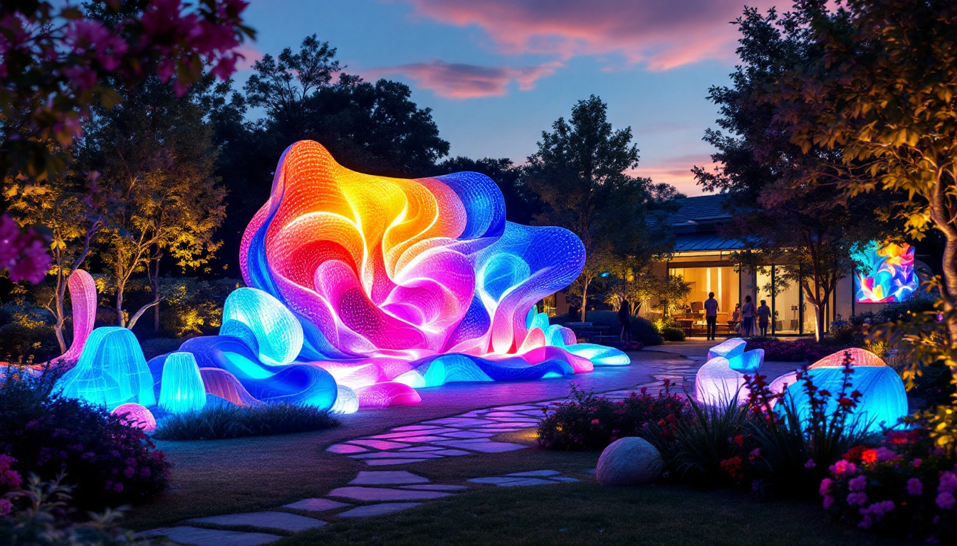 A photograph of a vibrant outdoor setting featuring a stunning led display art piece