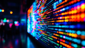 A photograph of a vibrant led display showcasing a dynamic visual pattern or graphic