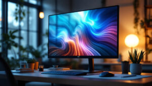 A photograph of a sleek zero bezel monitor displayed in a modern workspace