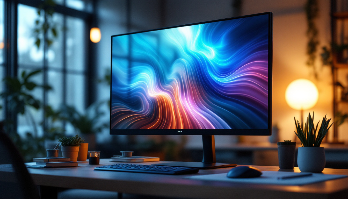 A photograph of a sleek zero bezel monitor displayed in a modern workspace