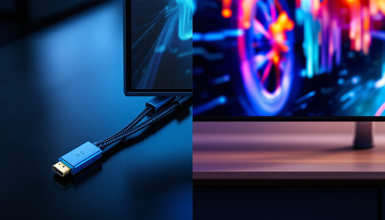 A photograph of a side-by-side comparison of a displayport and hdmi 2.1 cable connected to an led display