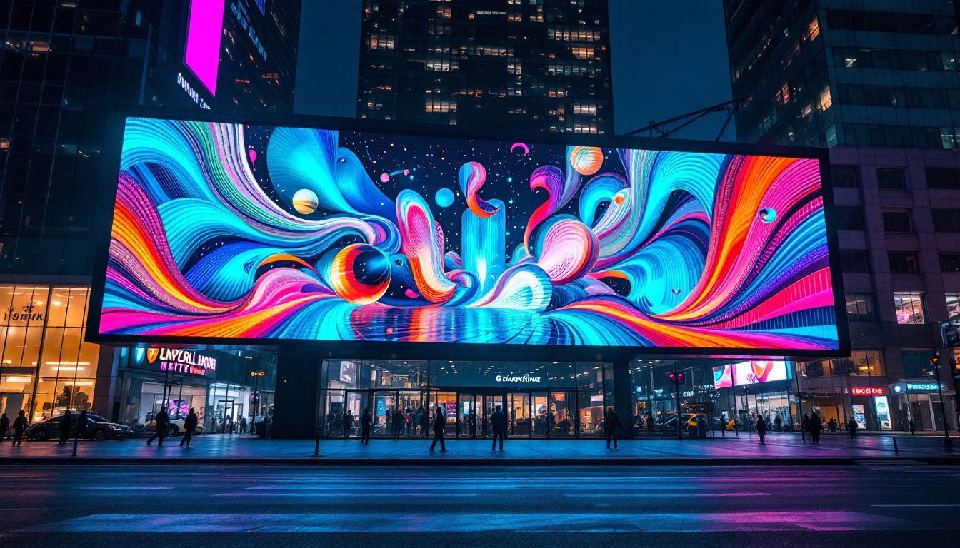 A photograph of a vibrant large format led display showcasing dynamic visuals in an urban setting