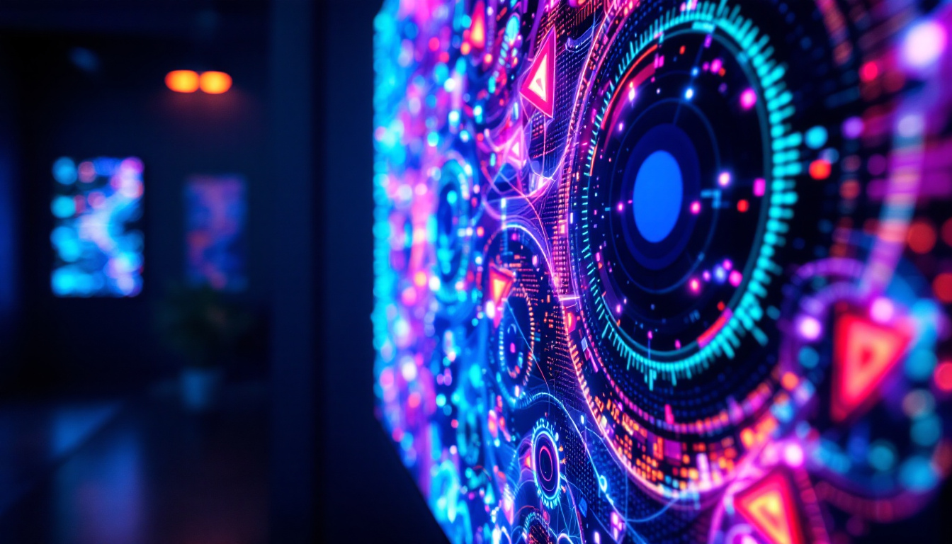 A photograph of a vibrant led display showcasing intricate custom digital art in a dimly lit environment