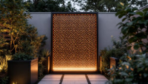 A photograph of a beautifully designed lattice privacy screen with an integrated led display