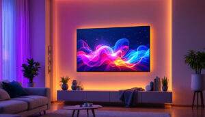 A photograph of a modern living room featuring a sleek led display mounted on the wall