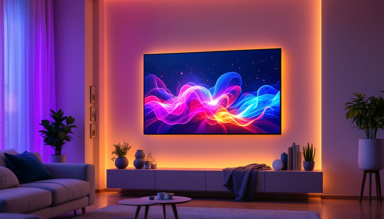 A photograph of a modern living room featuring a sleek led display mounted on the wall