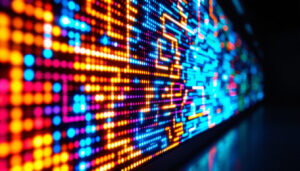 A photograph of capture a photograph of a vibrant electroluminescent display in a dimly lit environment
