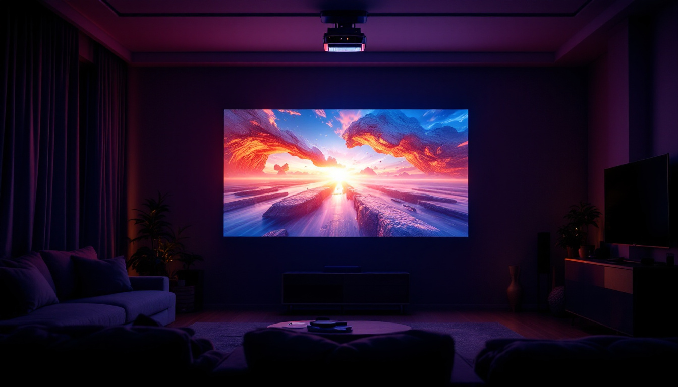 A photograph of a large screen projector in action