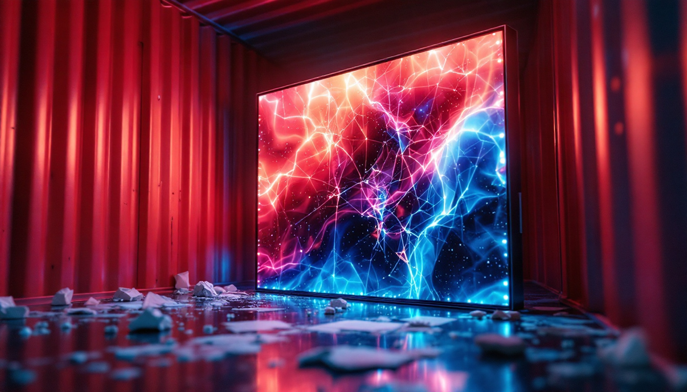 A photograph of a damaged led display in a shipping container
