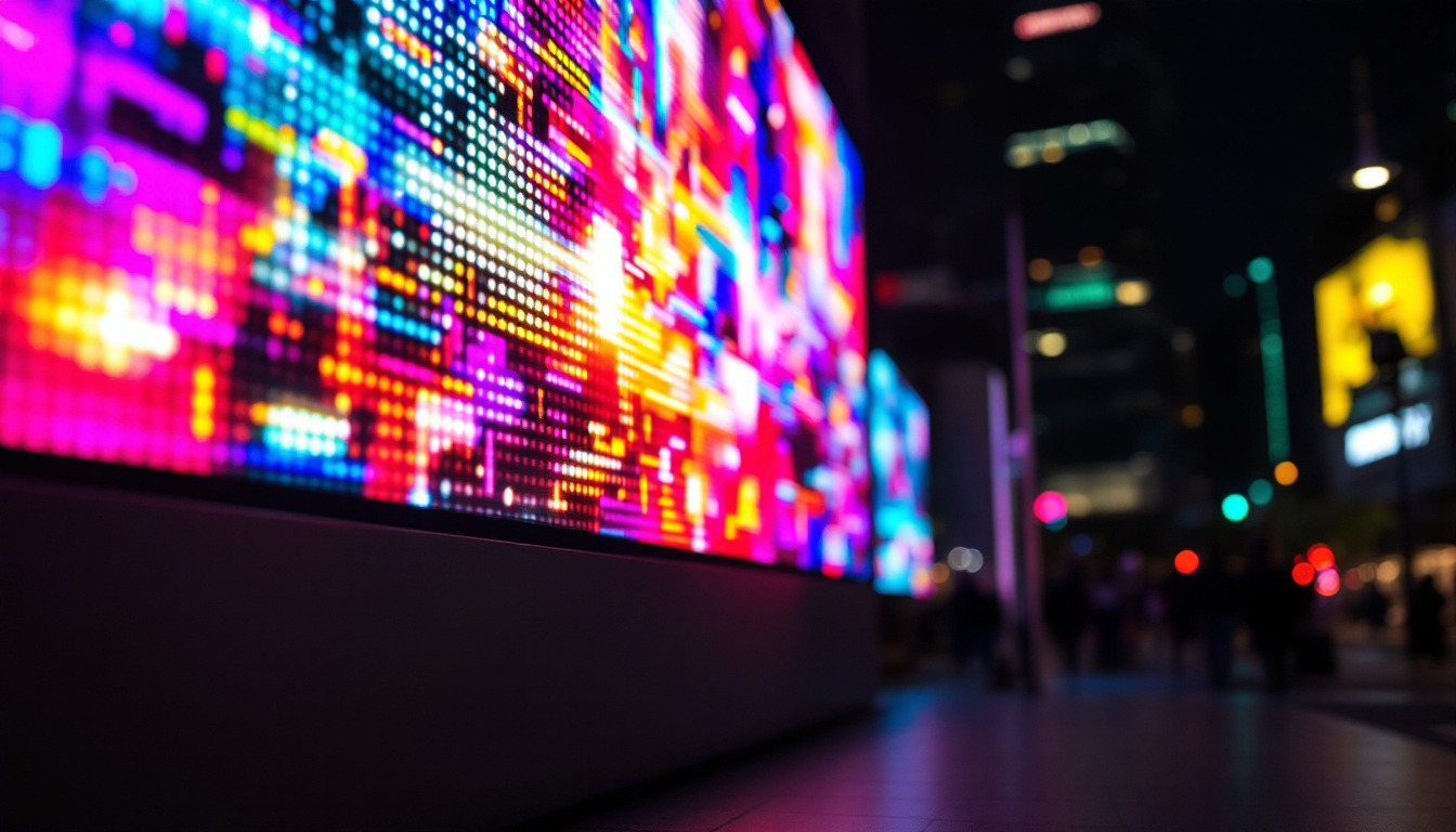 A photograph of a vibrant and dynamic led display in an urban setting