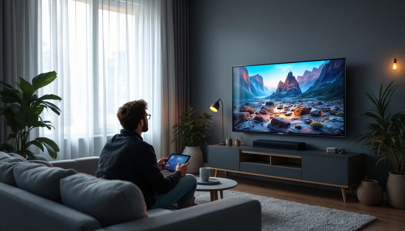 A photograph of a cozy living room setup featuring a 65-inch led tv