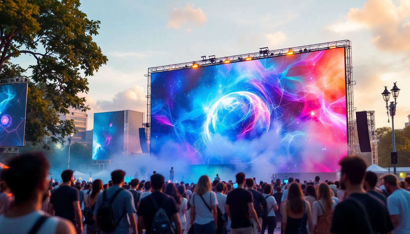 A photograph of a vibrant outdoor event featuring a large led display in action