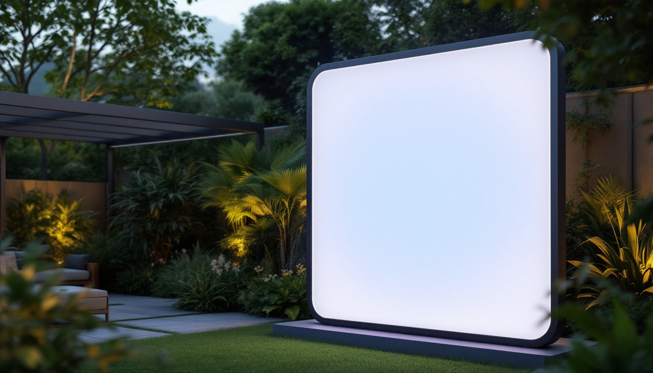 A photograph of a tall outdoor privacy screen featuring an integrated led display