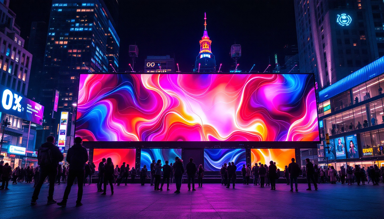 A photograph of a vibrant led display in a dynamic urban setting