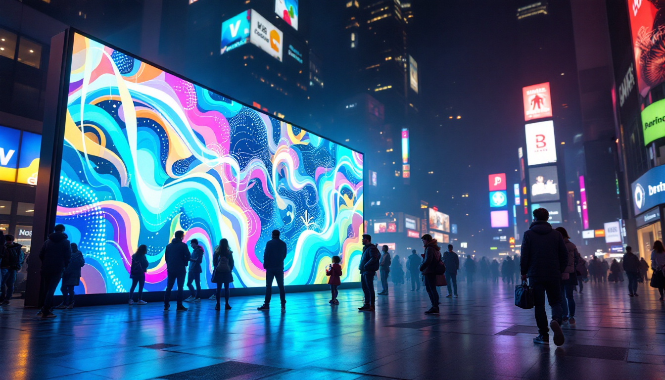 A photograph of a vibrant led display in a dynamic urban setting